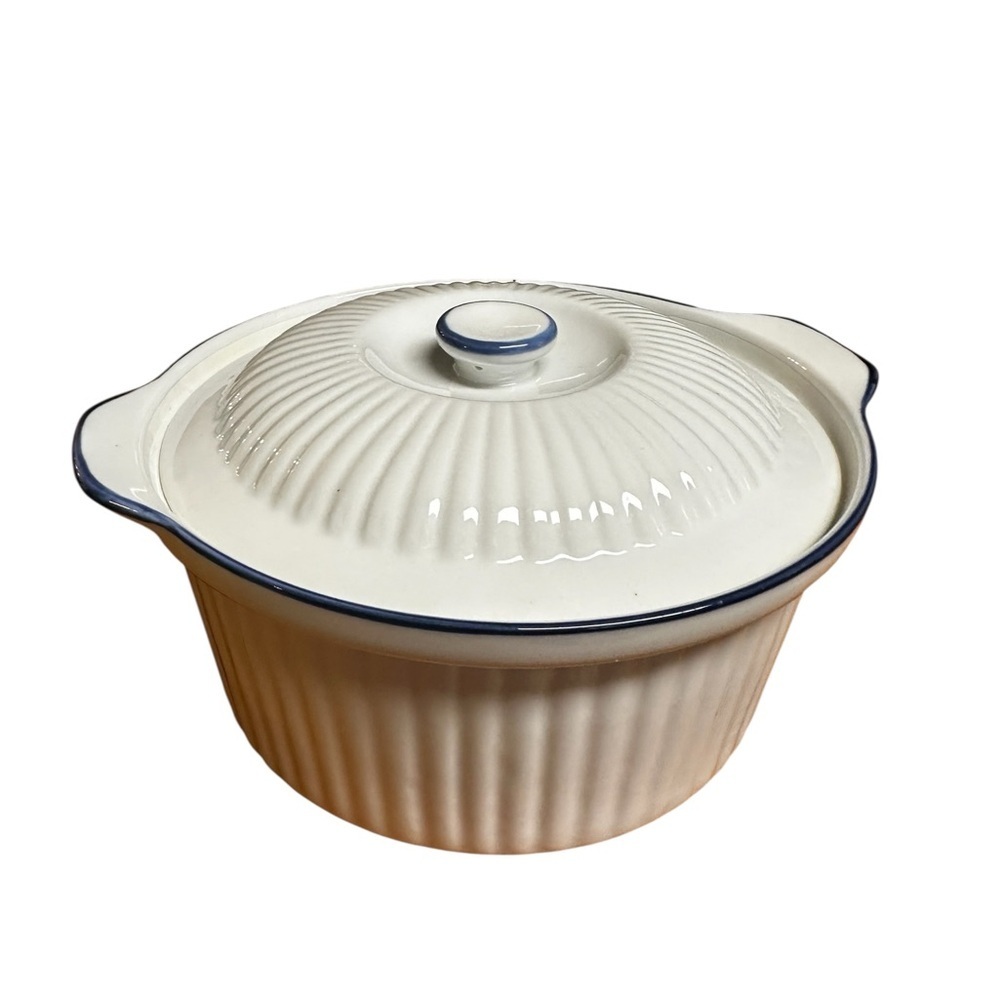 BIA Blanc De Table Casserole Dish With Lid Round White Blue Ribbed 8.5”x 4.5”